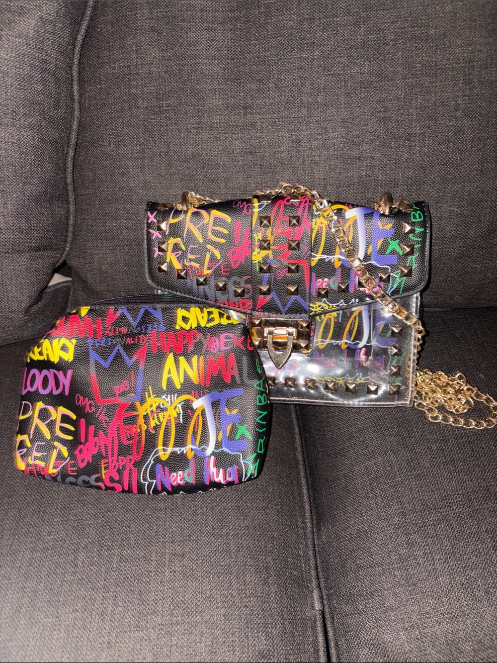 Black Graffiti Print Crossbody Bag with Gold Chain